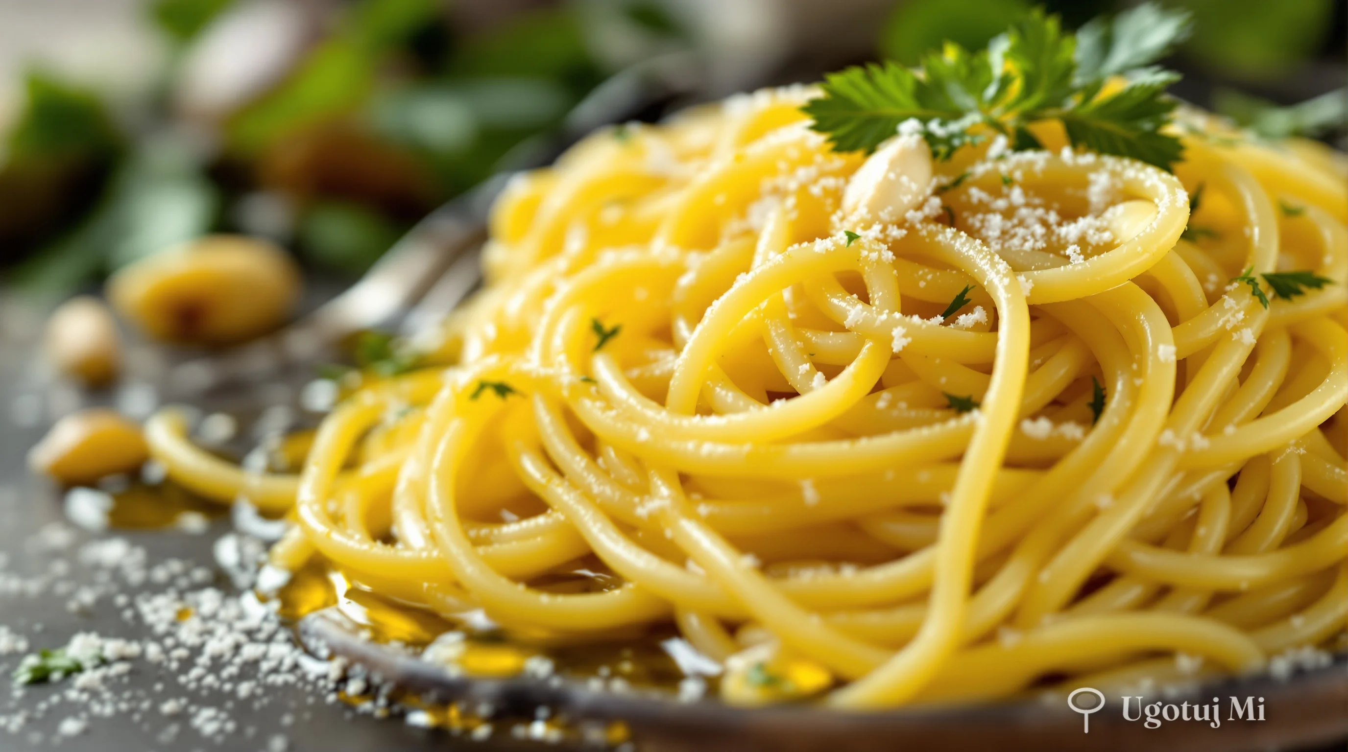 Zbliżenie na spaghetti pokryte oliwą i kawałkami czosnku | ugotujmi.pl