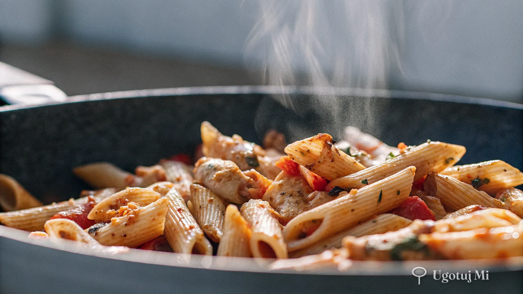 Zbliżenie na makaron penne pokryty błyszczącym sosem pomidorowym z kawałkami kurczaka | ugotujmi.pl