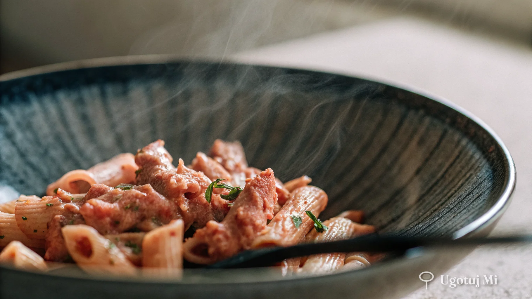 Zbliżenie na makaron z sosem pomidorowym i tuńczykiem – widoczna tekstura sosu i płatki ryby | ugotujmi.pl