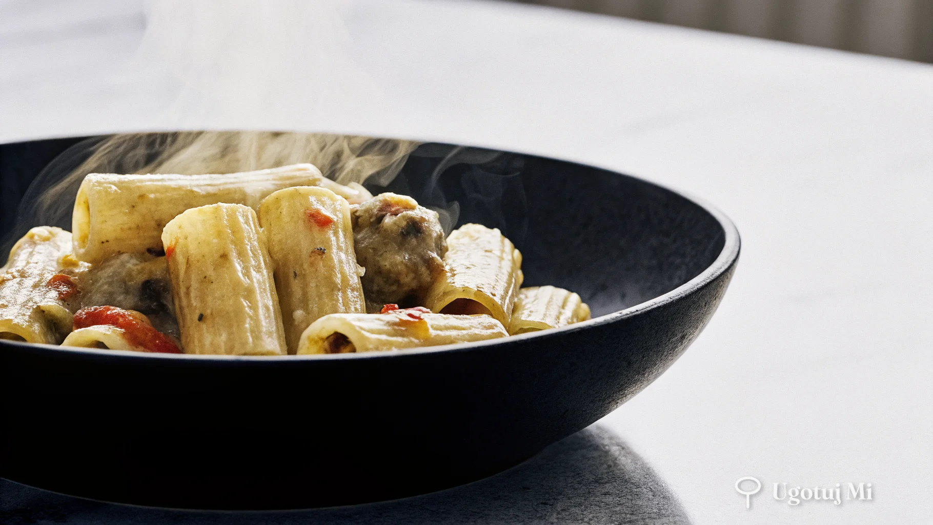 Zbliżenie na makaron penne pokryty kremowym sosem pomidorowym z kawałkami kiełbasy i papryki | ugotujmi.pl