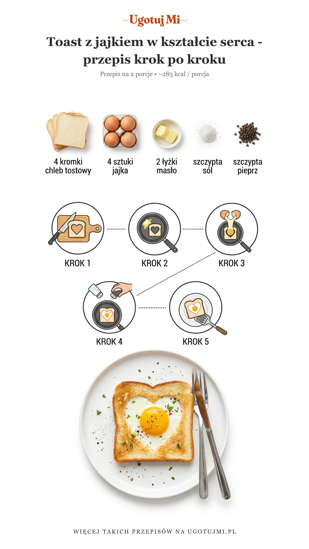 Prosty przepis na romantyczne tosty z jajkiem w kształcie serca. Idealny pomysł na śniadanie dla dwojga. Gotowe w 10 minut! | ugotujmi.pl