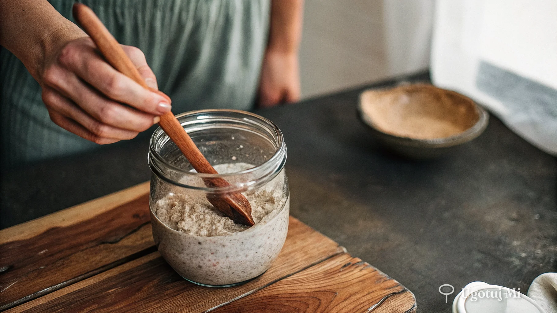 Mieszanie mąki żytniej z wodą w słoiku – pierwszy dzień hodowli zakwasu | ugotujmi.pl