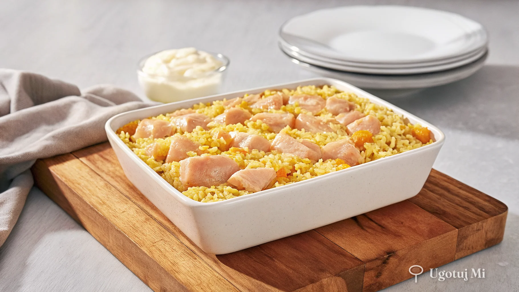 Składniki do zapiekanki - pokrojony kurczak, ryż i warzywa | ugotujmi.pl