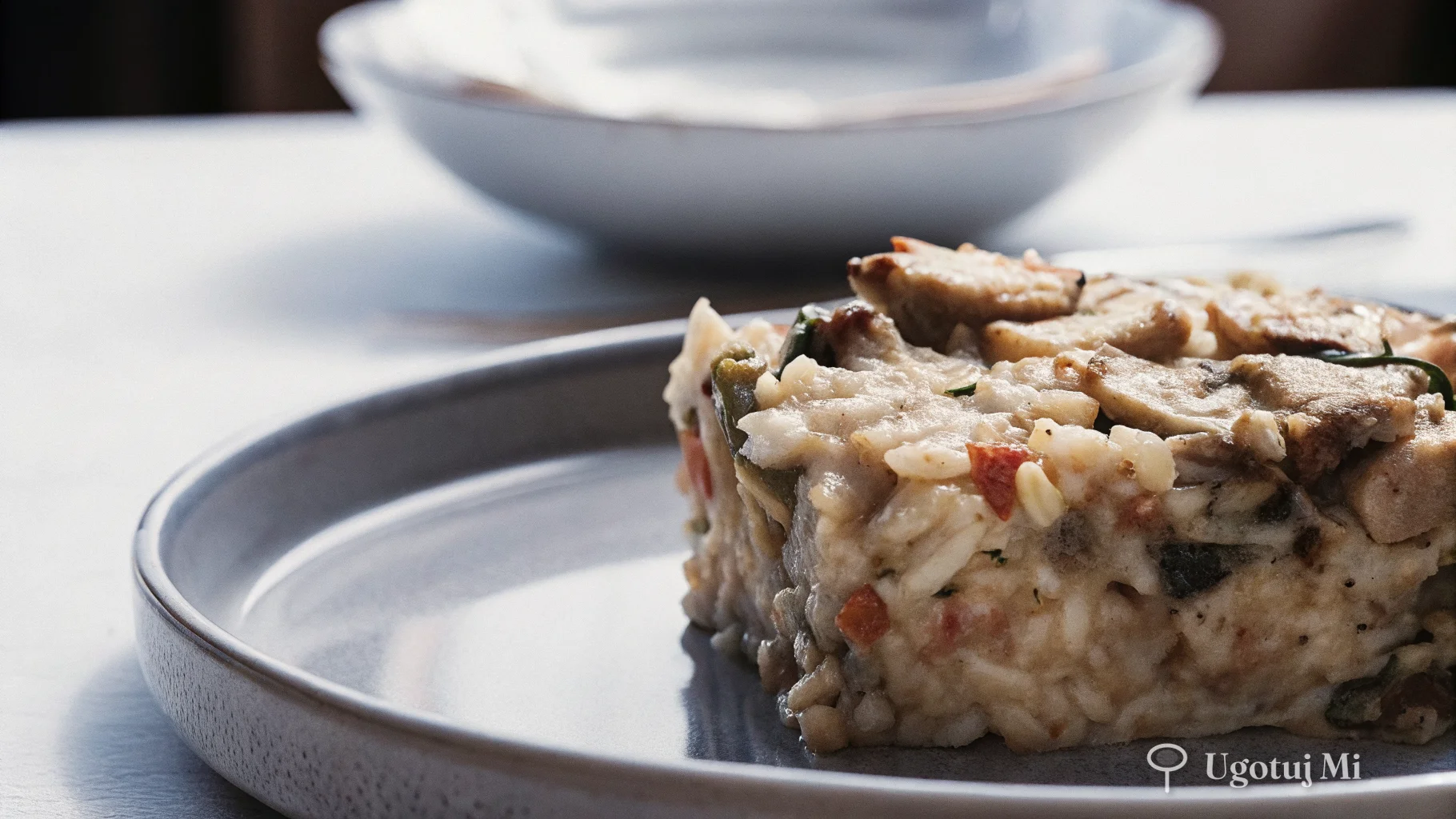 Zbliżenie na kremową teksturę zapiekanki z kawałkami kurczaka | ugotujmi.pl