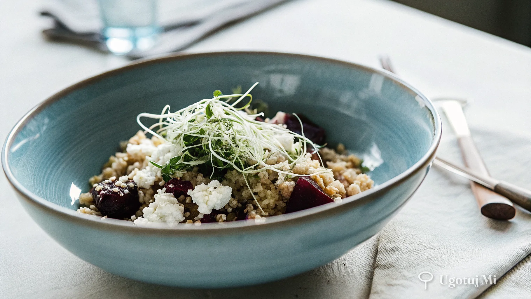 Zbliżenie na quinoa zmieszaną z burakami i pokruszoną fetą | ugotujmi.pl