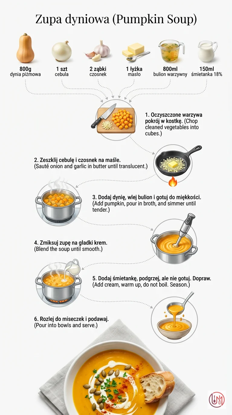 Aksamitna zupa dyniowa w 30 minut! Prosty przepis z dokładnymi krokami. Idealna dla zapracowanych rodziców i początkujących kucharzy. | ugotujmi.pl