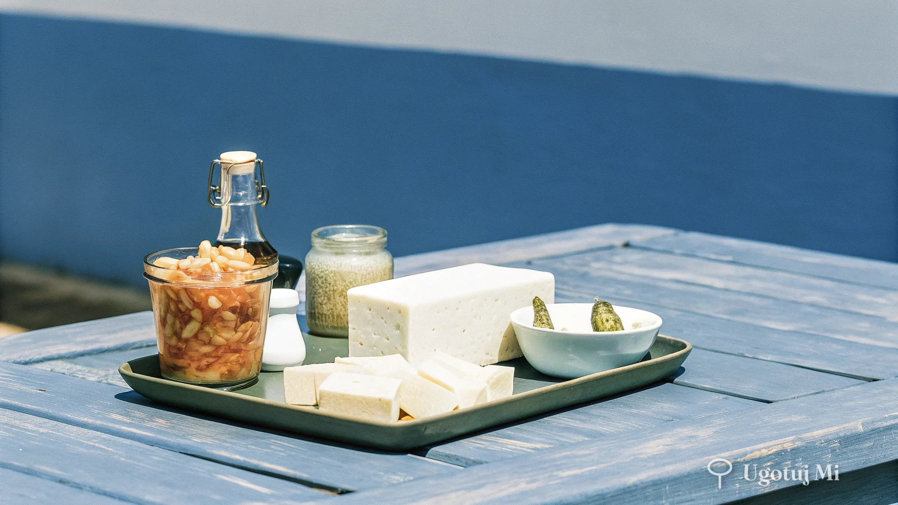 Surowe składniki do zupy kimchi rozłożone na drewnianym stole – kimchi, tofu, wieprzowina, czosnek, imbir | ugotujmi.pl