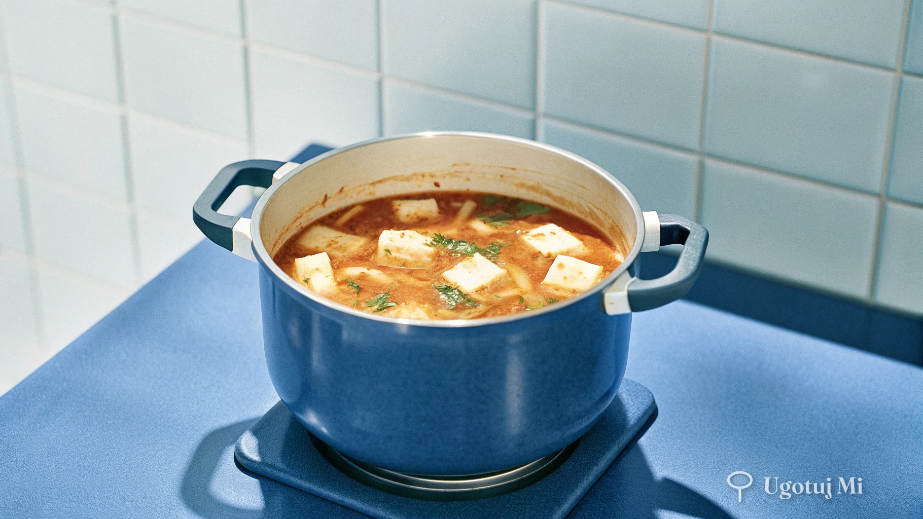 Gotująca się zupa kimchi w garnku – czerwony bulion z kawałkami kimchi i tofu | ugotujmi.pl