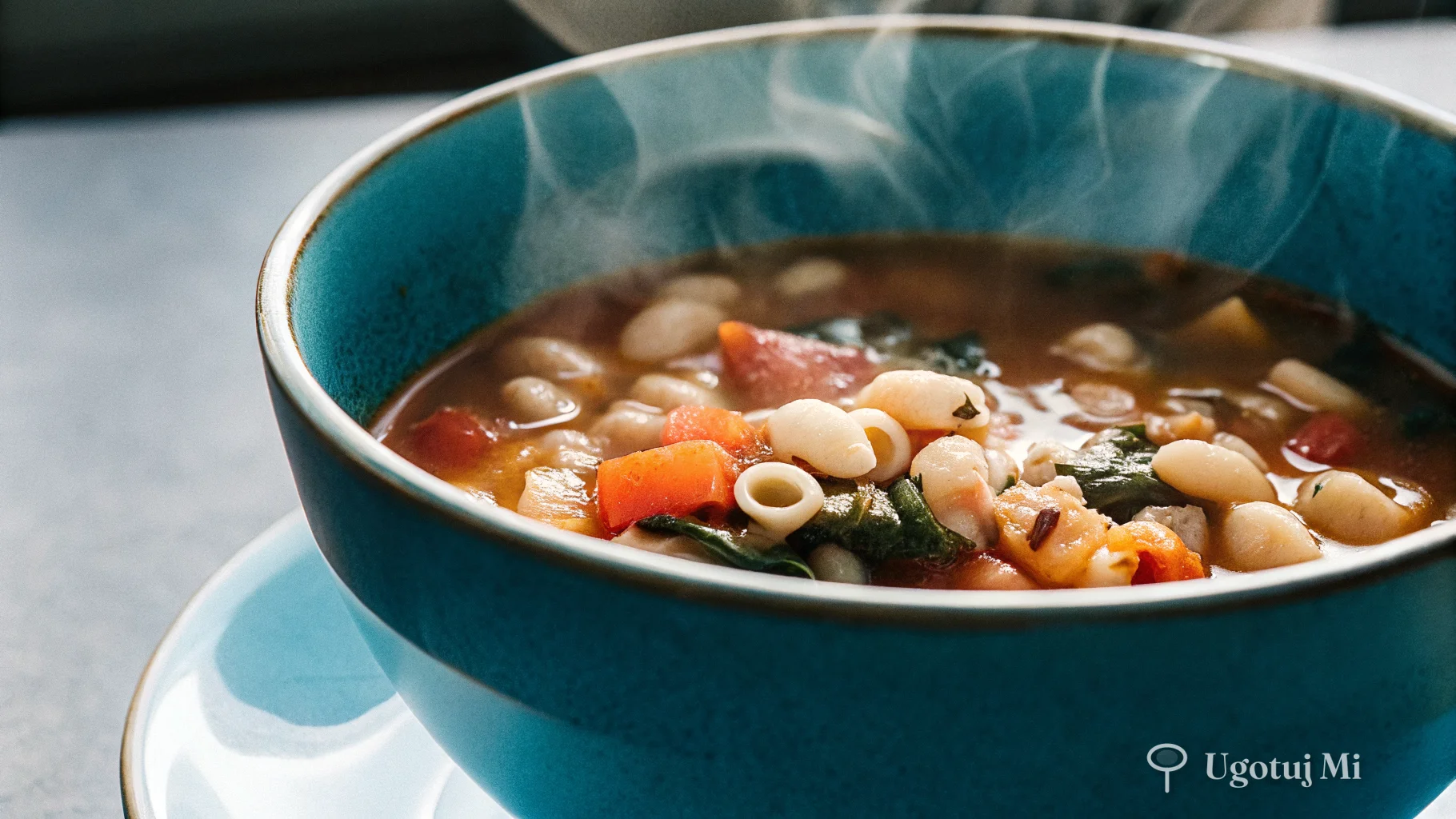 Zbliżenie na teksturę zupy minestrone z fasolą, makaronem i warzywami w pomidorowym bulionie | ugotujmi.pl