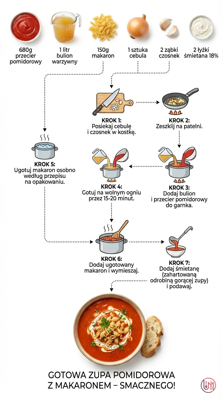 Tradycyjna zupa pomidorowa z makaronem - prosty przepis dla początkujących. Gotowa w 30 minut, idealna na obiad dla całej rodziny. | ugotujmi.pl