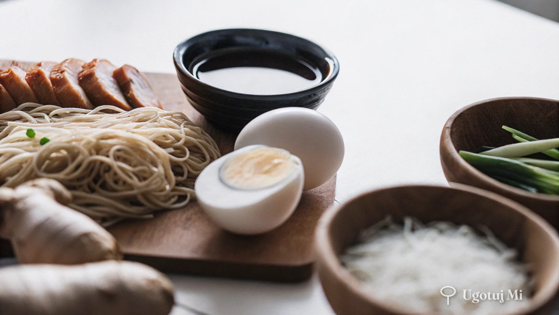 Składniki na domowy ramen rozłożone na białym blacie | ugotujmi.pl