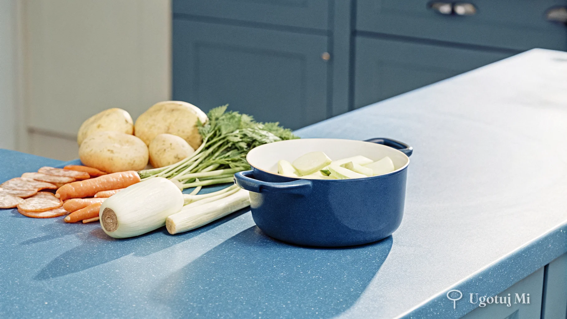 Składniki na zupę ziemniaczaną rozłożone na blacie – ziemniaki, marchew, kiełbasa | ugotujmi.pl