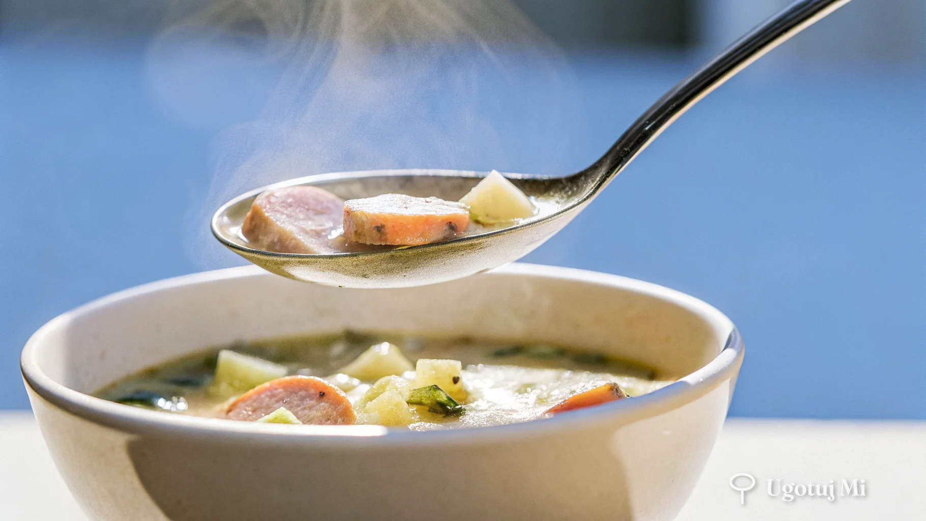 Zbliżenie na chochlę nalewającą zupę ziemniaczaną do miski, unosi się para | ugotujmi.pl