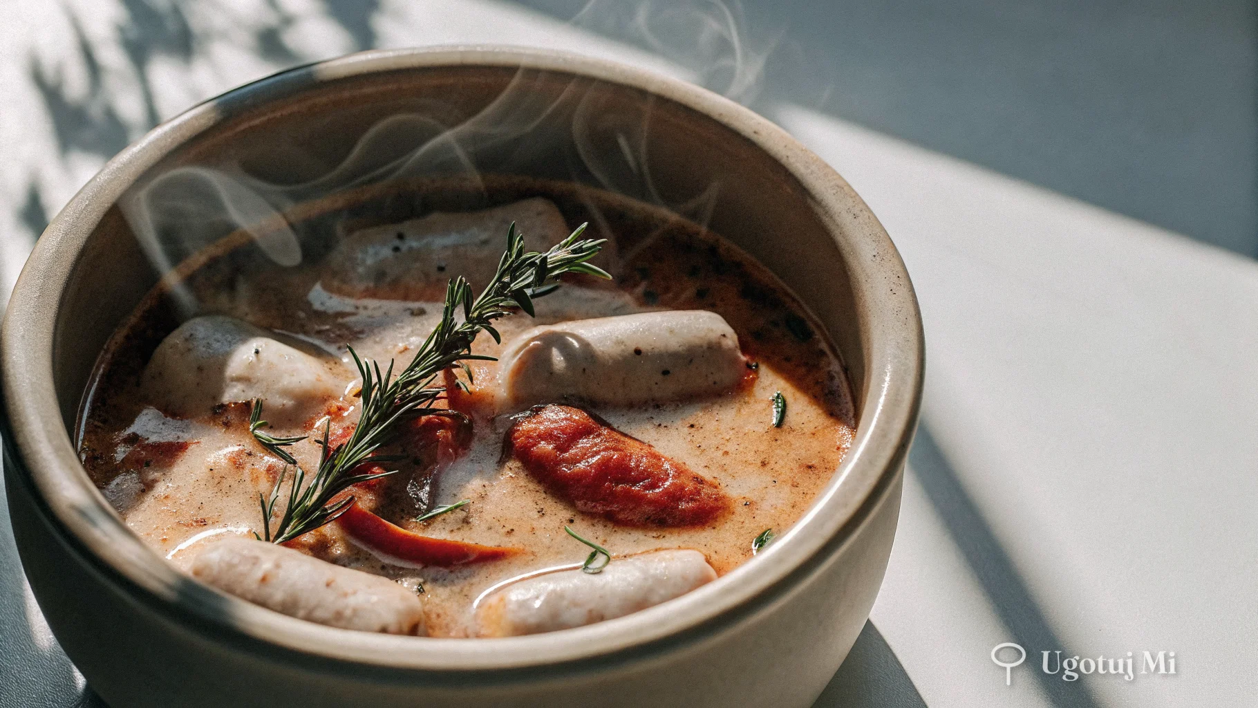 Gęsty kremowy żurek w garnku z widoczną kiełbasą i majerankiem | ugotujmi.pl