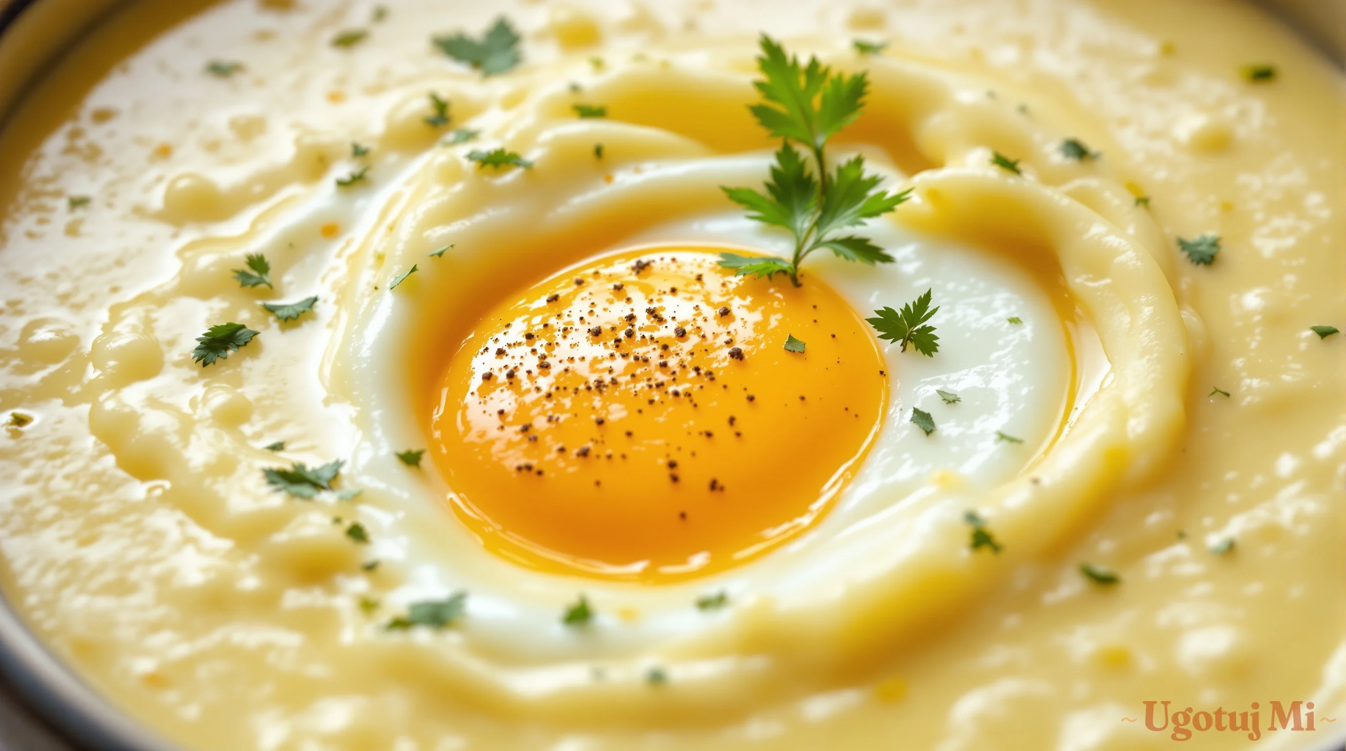 Zbliżenie na kremową konsystencję żurku z idealnie ugotowanym jajkiem | ugotujmi.pl