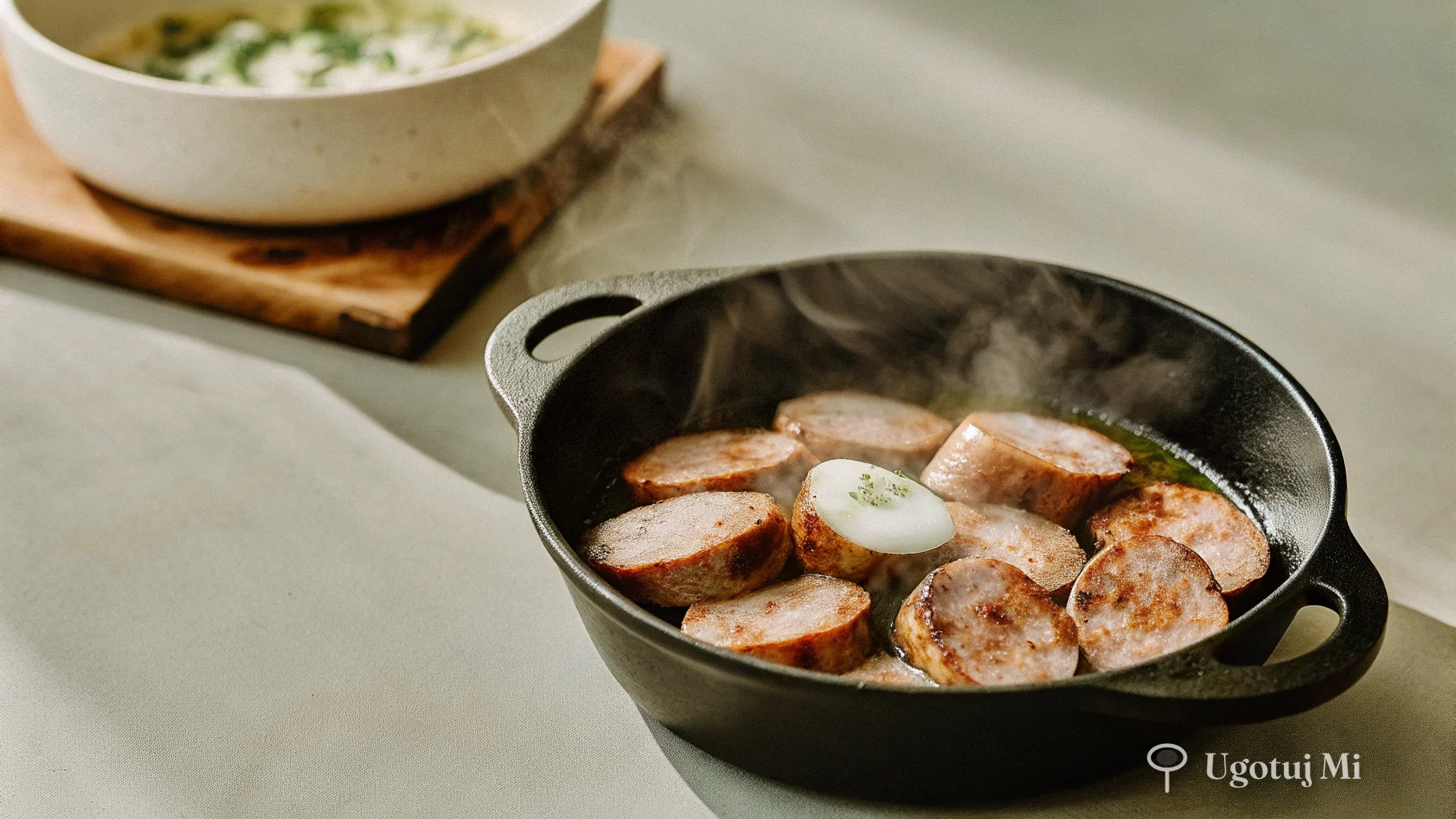 Plastry kiełbasy wiejskiej smażące się na patelni do żurku | ugotujmi.pl