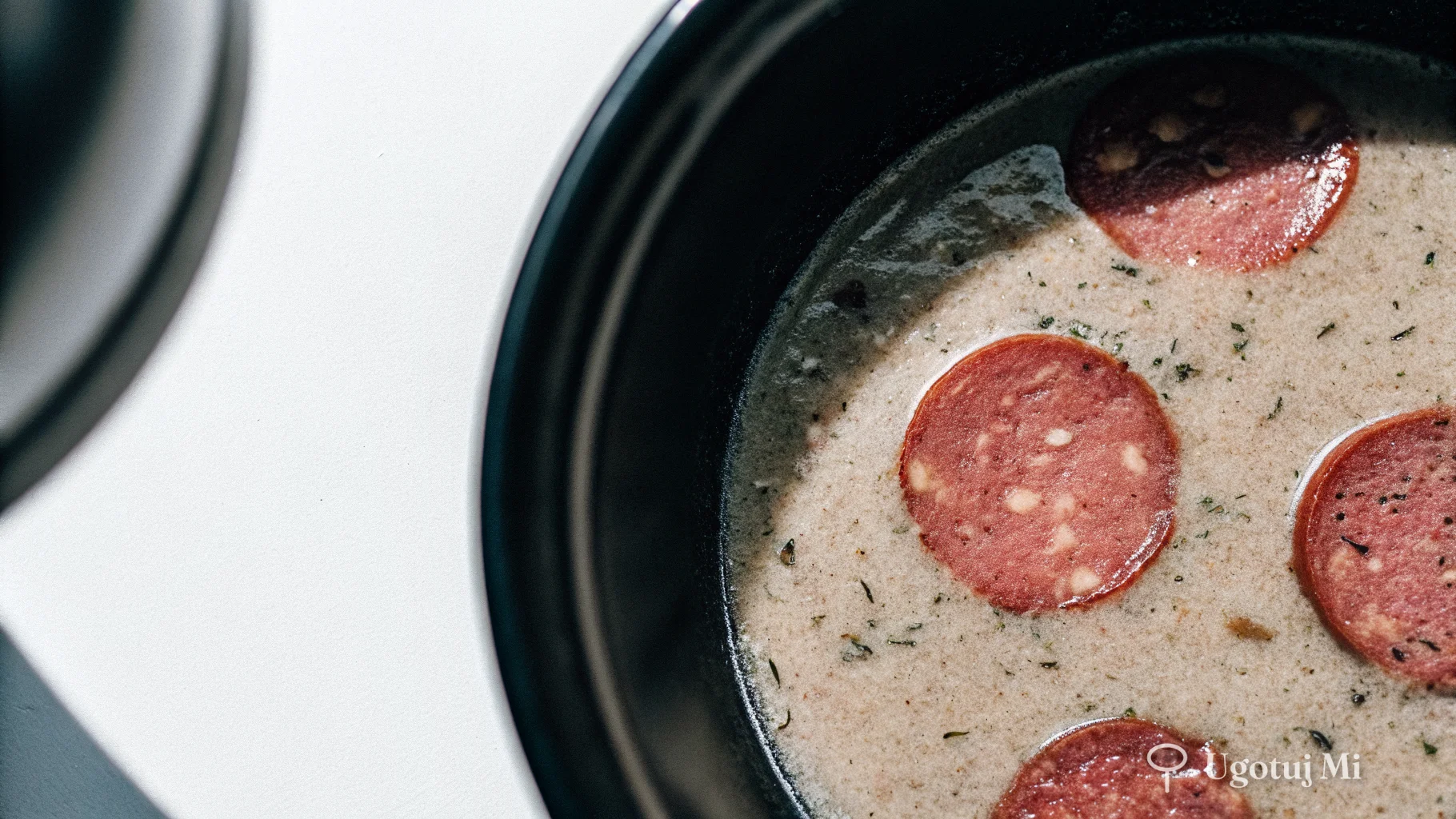 Zbliżenie na gęsty żurek z majerankiem i kawałkami kiełbasy | ugotujmi.pl