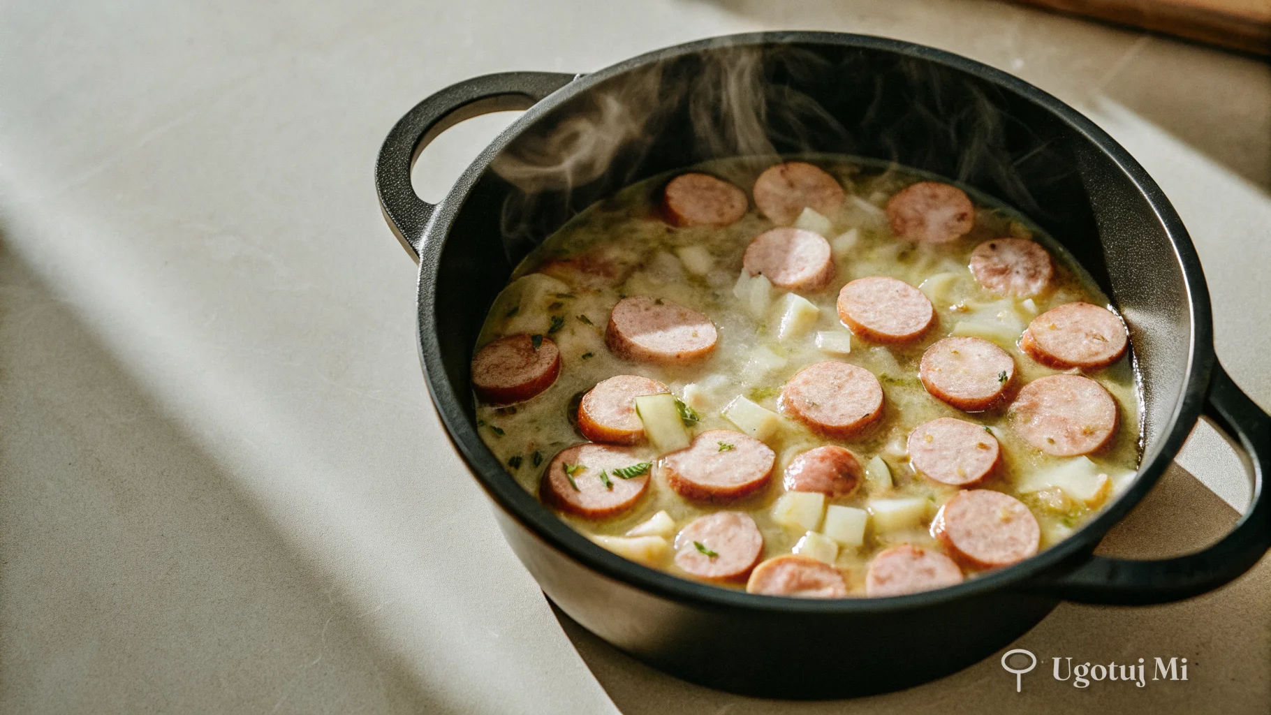 Kiełbasa i ziemniaki gotujące się w kremowym bulionie żurkowym w garnku | ugotujmi.pl